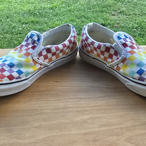 Vibrant Kid’s Vans Rainbow Checkerboard Slip-Ons – Playful + Iconic - Picture 3 of 7
